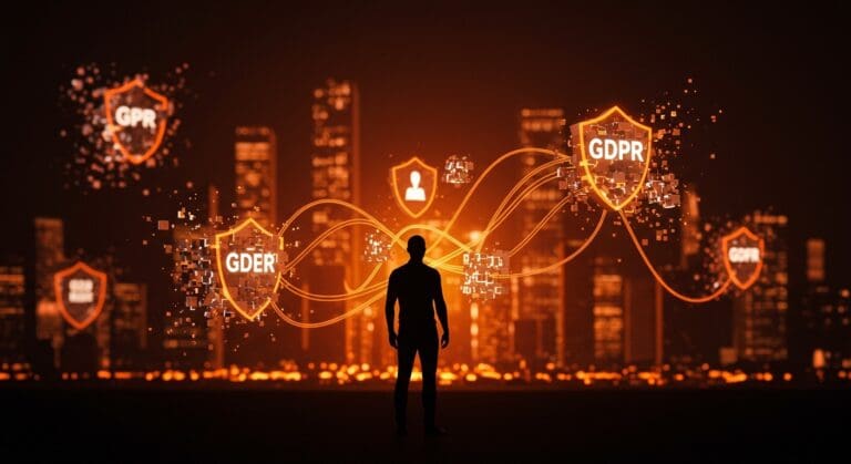 Influencia de Big Tech en la Digital Omnibus de la UE y su impacto en GDPR e inteligencia artificial, representado por una figura tech con datos digitales y redes neuronales.