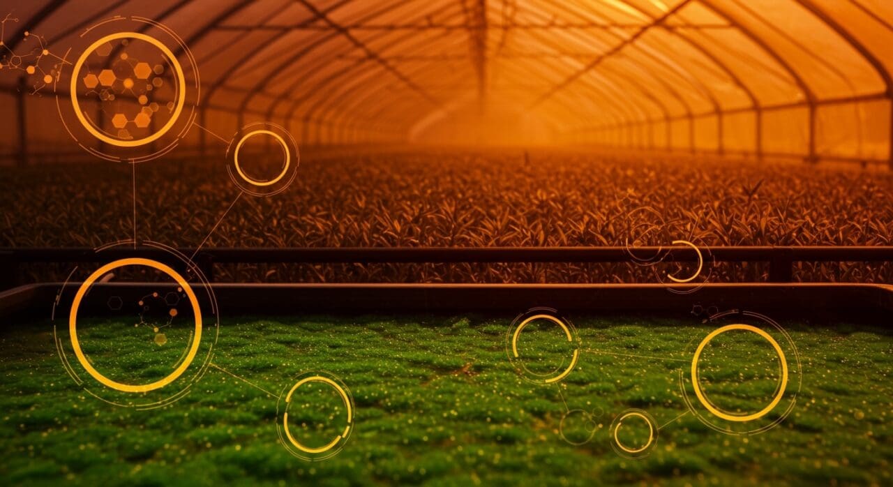 Bioinsumos de microalgas para agricultura sostenible en un invernadero moderno, destacando innovación agrotech y economía circular.