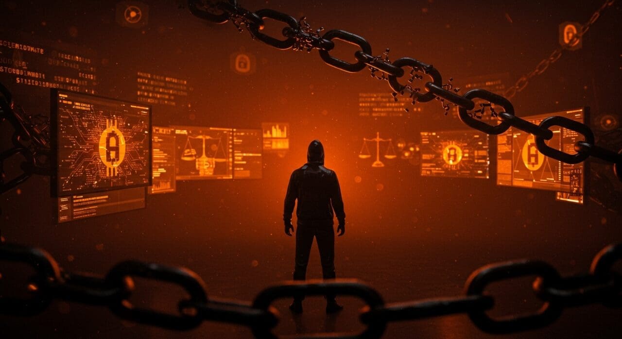 Imagen editorial que representa el caso Bitfinex con un hacker liberado anticipadamente, reflejando temas de cripto, hackeo y regulación fintech.