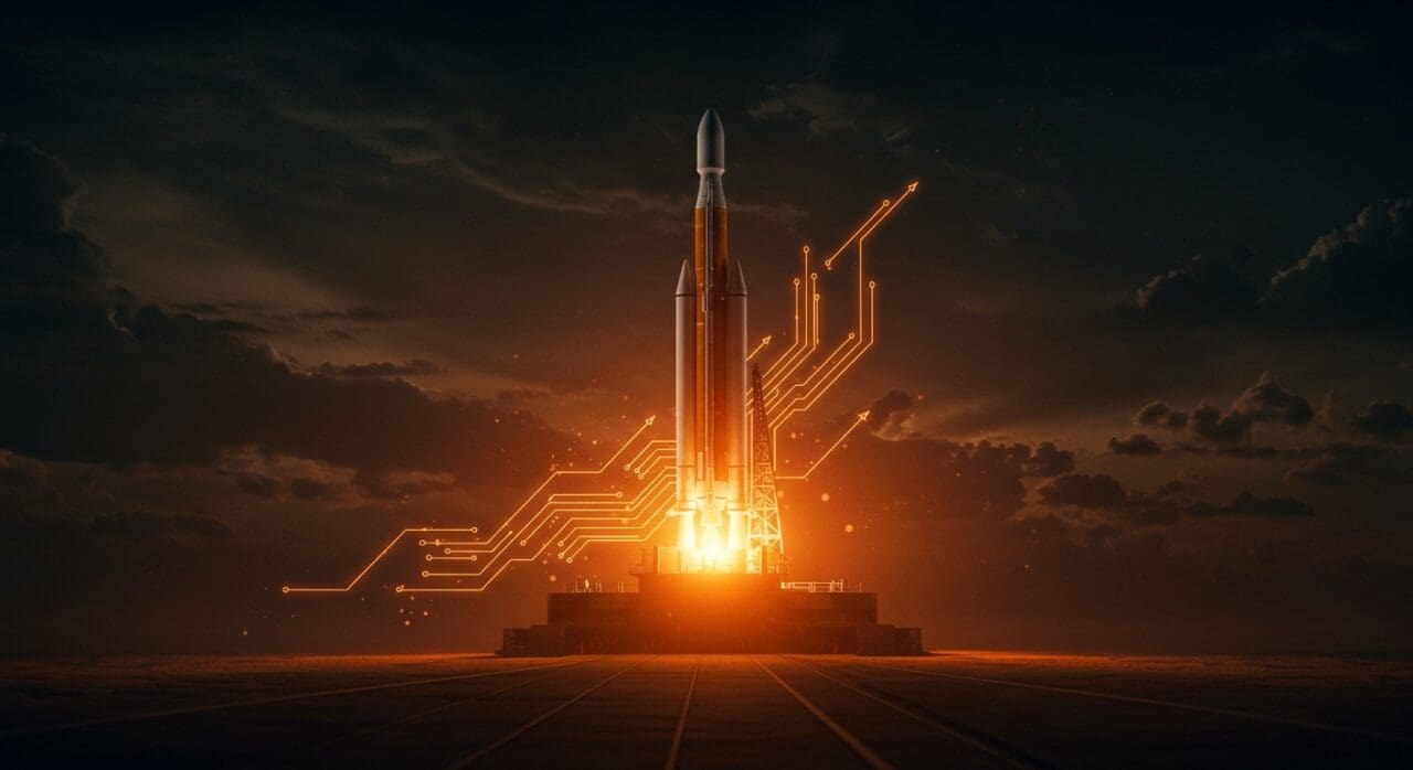 Lanzamiento del cohete New Glenn de Blue Origin en un entorno futurista que representa la innovación en tecnología espacial y la exploración lunar.