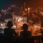 Fundadores tech LATAM colaborando con interfaces digitales avanzadas mostrando roadmap 2026 de Bluesky y tendencias en redes sociales.