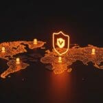 Visualización digital del reto de verificación en redes sociales descentralizadas como Bluesky e ICE, destacando la confianza y moderación comunitaria.