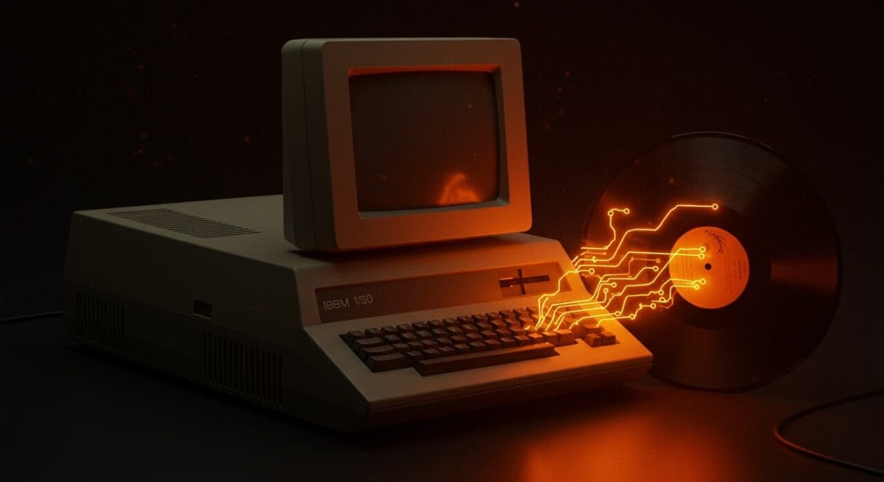 IBM 5150 vintage booting desde un vinilo con FreeDOS, simbolizando innovación en hardware vintage y sistemas operativos alternativos.