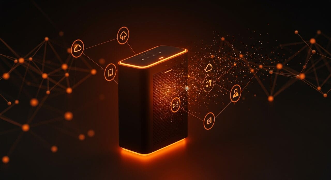 Altavoz inteligente Bose SoundTouch iluminado en naranja y negro, representando el acceso open source y el soporte post-venta en altavoces IoT tras el fin del soporte cloud.