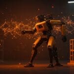 Robot humanoide Atlas de Boston Dynamics con IA avanzada de Google DeepMind en entorno industrial, mostrando innovación en tecnología robótica.