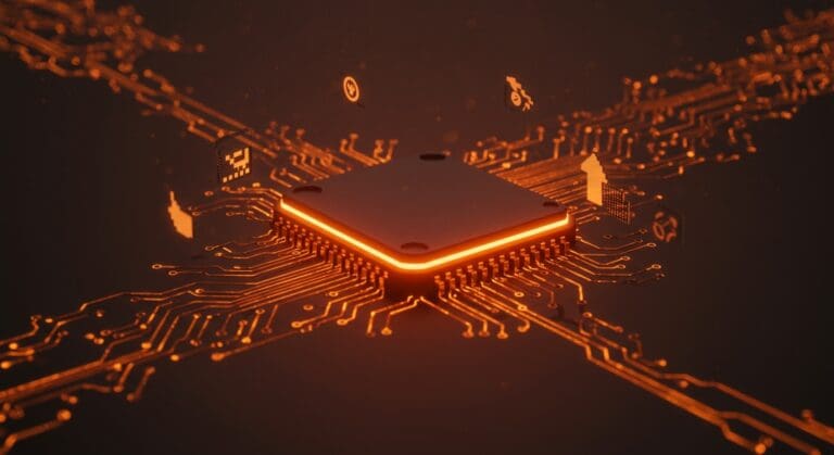 Ilustración futurista de emulación optimizada para Loongarch y Linux con énfasis en gaming y tecnología startup.