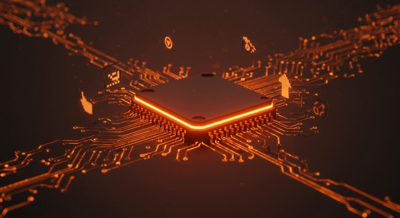 Ilustración futurista de emulación optimizada para Loongarch y Linux con énfasis en gaming y tecnología startup.