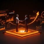 Alianza fintech histórica entre Brex y Capital One ilustrada con una plataforma digital brillante que simboliza inversión y crecimiento en tecnología financiera.