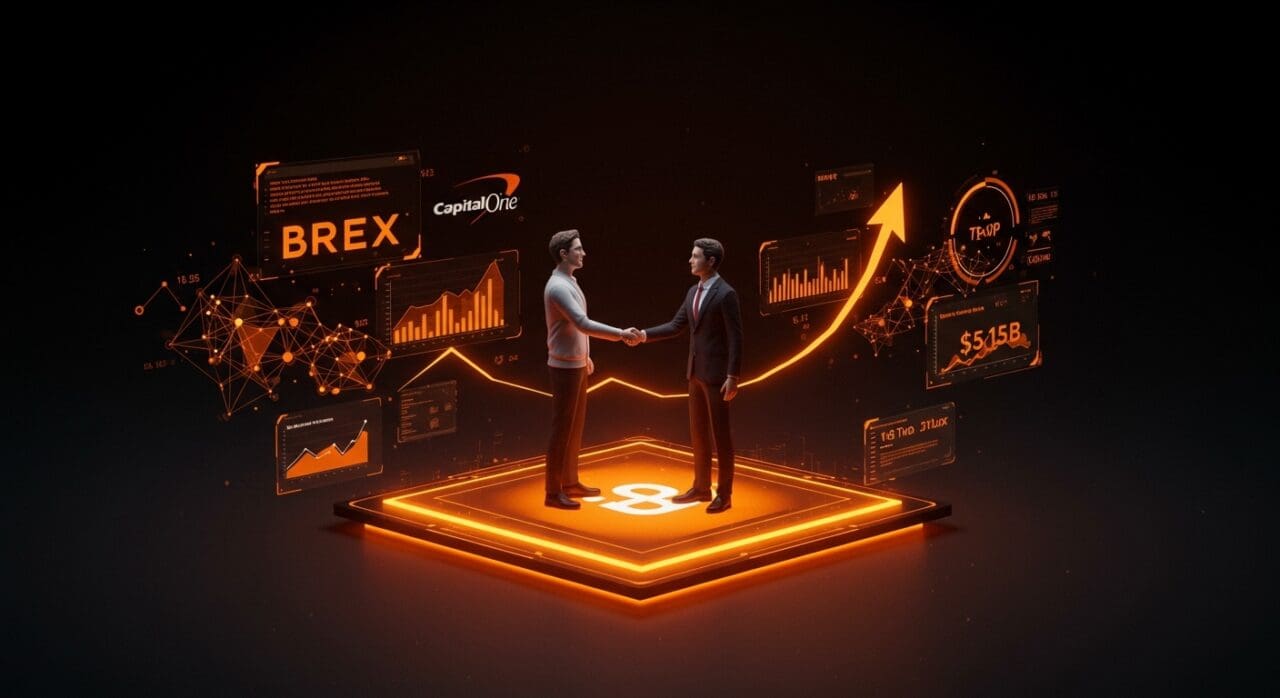 Alianza fintech histórica entre Brex y Capital One ilustrada con una plataforma digital brillante que simboliza inversión y crecimiento en tecnología financiera.