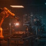 Robot inteligente realizando inspección de calidad industrial con visión artificial supervisado por operario humano en automatización IA.