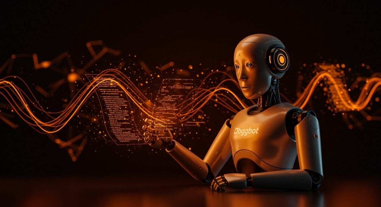 Robot futurista analizando código con IA para revisión automática y mejora de calidad de software en startups tecnológicas.