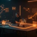 Equipo de founders colaborando con plantillas dinámicas e inteligencia artificial para cacheo eficiente de respuestas LLM en entorno tecnológico startup.