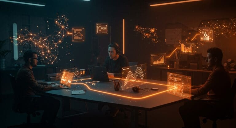 Equipo de founders colaborando con plantillas dinámicas e inteligencia artificial para cacheo eficiente de respuestas LLM en entorno tecnológico startup.