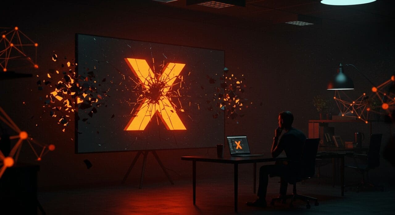 Caída global de la plataforma X (Twitter) reflejada en pantalla digital con fundador analizando impacto en tecnología y startups.