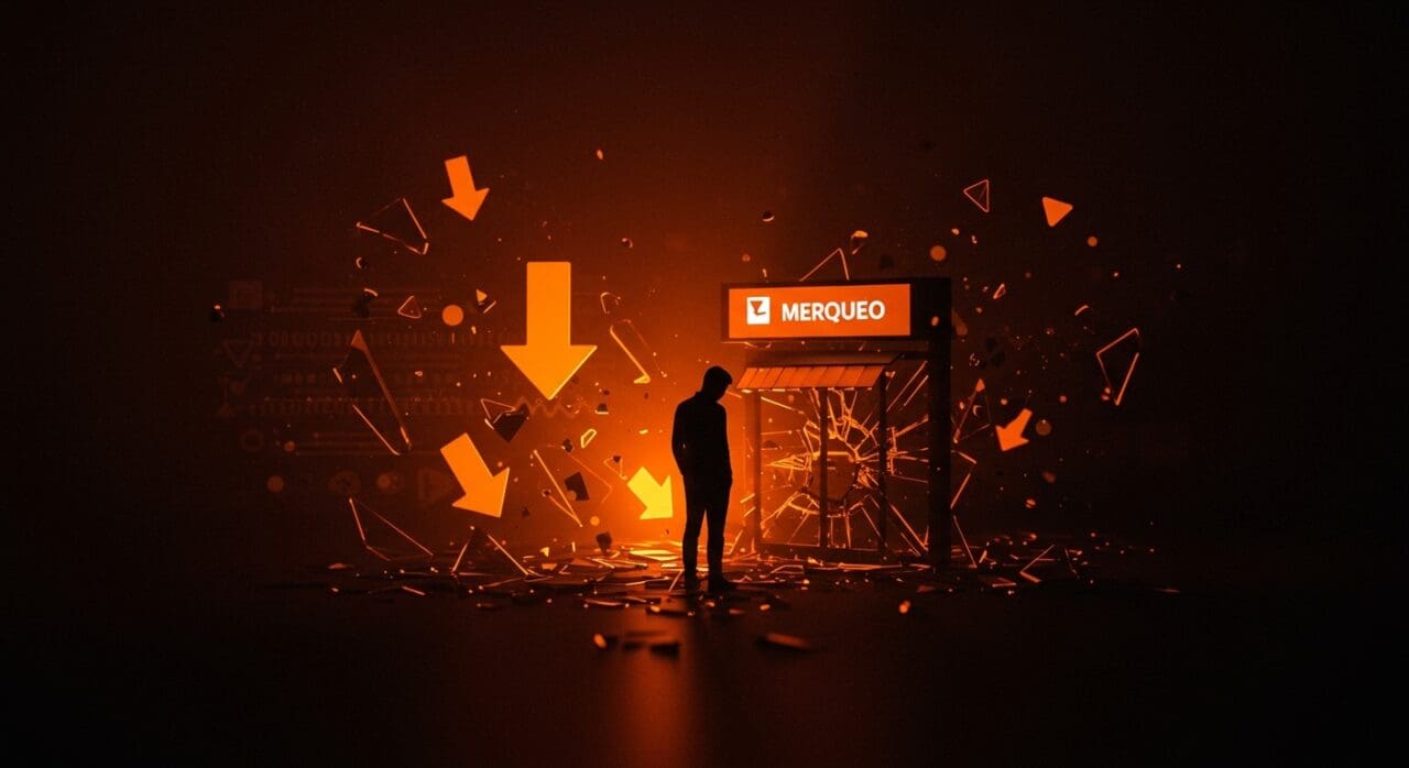 Caída de Merqueo representada por un emprendedor frente a una tienda digital fragmentada en tonos naranja y negro enfocando lecciones para startups retailtech en LATAM.
