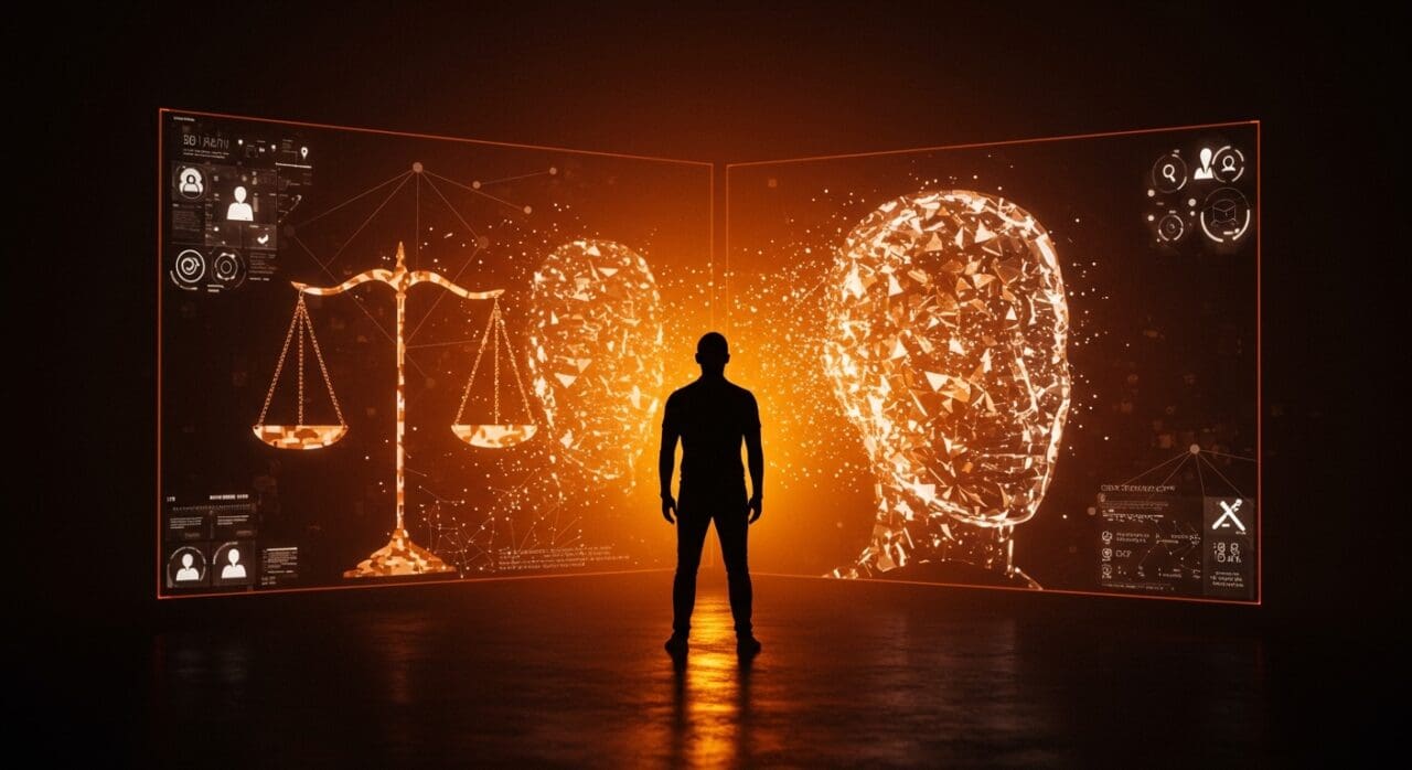 Representación visual de regulación de IA y deepfakes en California con un fundador tecnológico frente a redes neuronales y rostros digitales distorsionados.