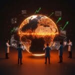 Globo terráqueo calentándose con ondas de calor naranjas y científicos analizando datos ambientales, ilustrando el aceleramiento del cambio climático y tecnología verde en startups LATAM.