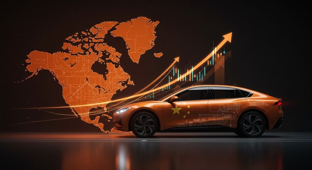 Auto eléctrico chino circulando sobre un mapa de Canadá y Norteamérica, simbolizando la reducción de aranceles y oportunidades en movilidad sostenible.
