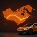 Vehículo eléctrico frente a mapas estilizados de Canadá y China conectados por líneas eléctricas, simbolizando la reducción de aranceles y oportunidades en movilidad sostenible.