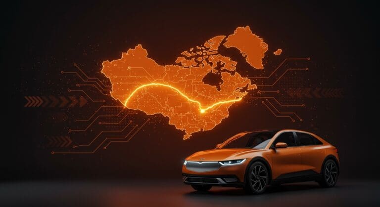 Vehículo eléctrico frente a mapas estilizados de Canadá y China conectados por líneas eléctricas, simbolizando la reducción de aranceles y oportunidades en movilidad sostenible.