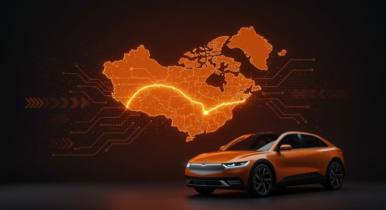 Vehículo eléctrico frente a mapas estilizados de Canadá y China conectados por líneas eléctricas, simbolizando la reducción de aranceles y oportunidades en movilidad sostenible.