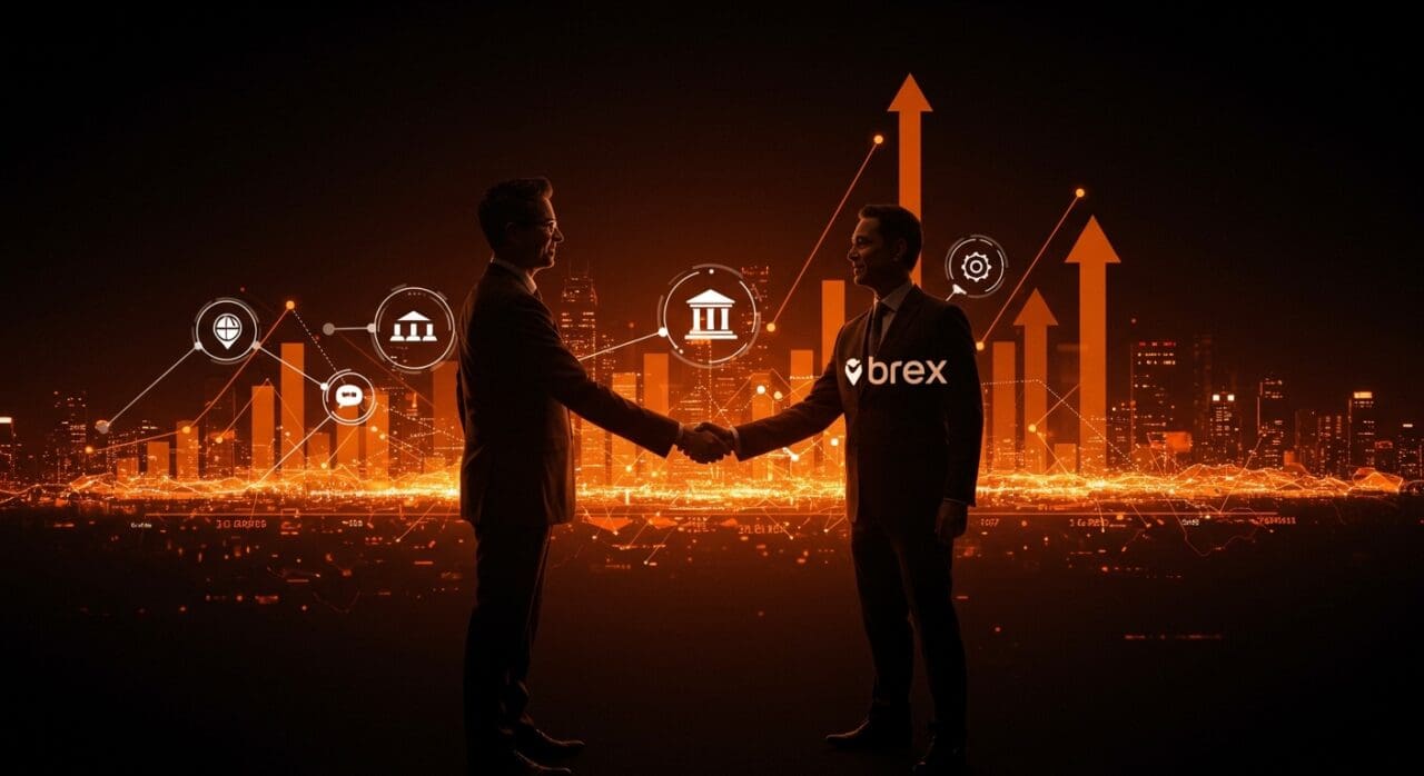 Capital One adquiriendo Brex en una escena que representa la mayor compra fintech, con metáforas visuales de innovación y funding en el ecosistema startup.