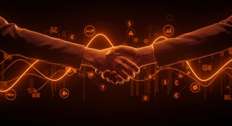 Apretón de manos simbólico entre Capital One y Brex destacando fusión en fintech, pagos y stablecoins con estilo visual naranja y negro de Ecosistema Startup.