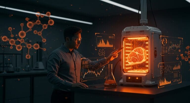 Laboratorio futurista de startup de biotecnología con biorreactor de carne sintética y gráficos de tendencias de mercado alimentario.
