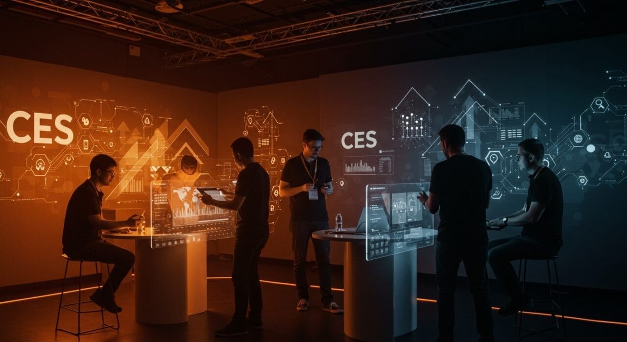 Fundadores de startups tecnológicas colaborando en CES 2026, mostrando tendencias e innovación en tecnología y electrónica de consumo.