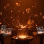 Tecnologías innovadoras e IA presentadas en CES2026 con emprendedores interactuando en un ambiente futurista de startups.