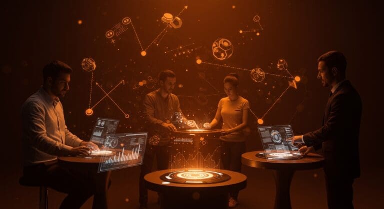 Tecnologías innovadoras e IA presentadas en CES2026 con emprendedores interactuando en un ambiente futurista de startups.