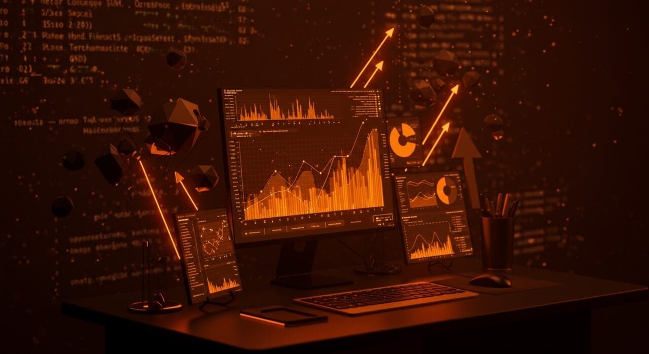 Visualización avanzada de datos con WebGPU en fintech y SaaS, mostrando gráficos 3D y optimización de rendimiento.