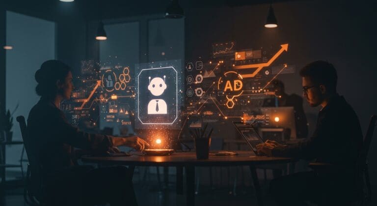 Interfaz holográfica de ChatGPT y publicidad en un espacio de startup mostrando la evolución de modelos de negocio en inteligencia artificial.