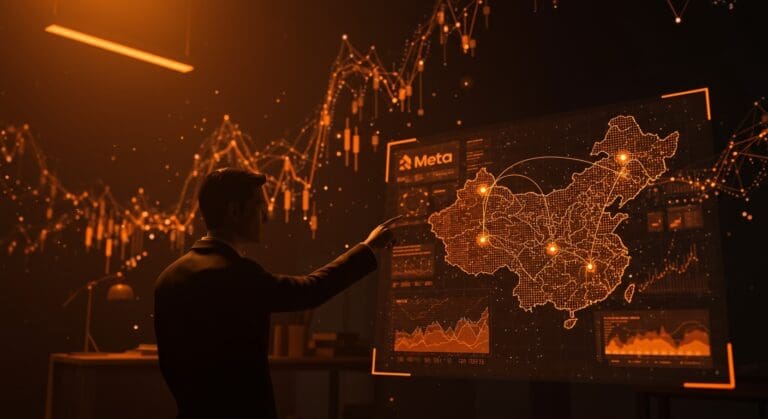 Revisión de la compra de Manus por Meta en China con conceptos visuales de inteligencia artificial, startups y regulación tecnológica global.