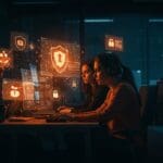 Equipo de startups enfrentando ataques de ciberseguridad en navegadores con elementos visuales que representan riesgos tecnológicos y protección avanzada.