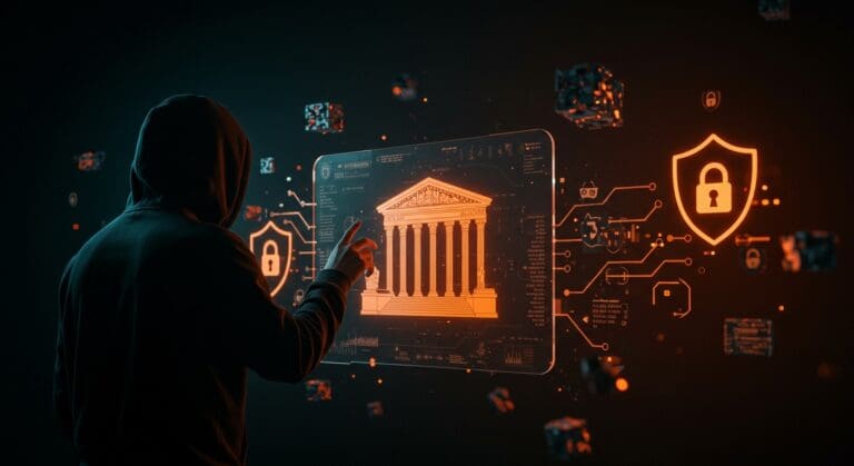 Imagen conceptual de ciberseguridad con hacker y edificio de Corte Suprema, ilustrando protección de datos gubernamentales y riesgos tecnológicos.