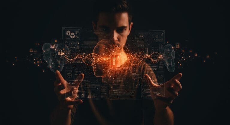 Founder de startup interactuando con interfaz digital futurista sobre ciberseguridad y estafas digitales modernas con IA y manipulación emocional.