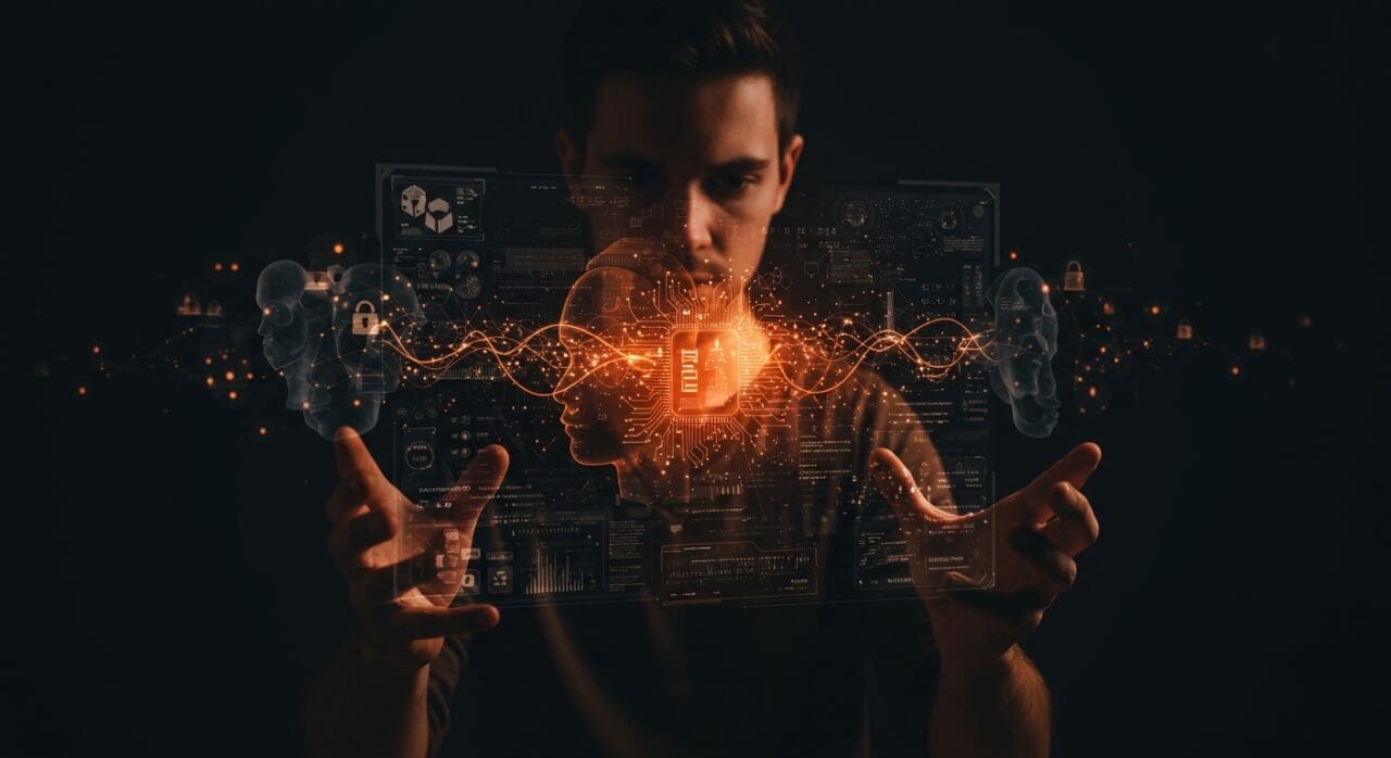 Founder de startup interactuando con interfaz digital futurista sobre ciberseguridad y estafas digitales modernas con IA y manipulación emocional.