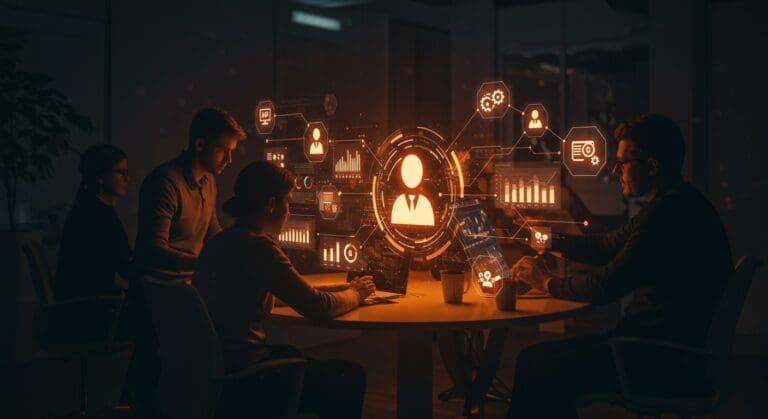 Interfaz digital futurista mostrando gestión de proyectos y agentes IA colaborando en equipos tech y startups con automatización avanzada.