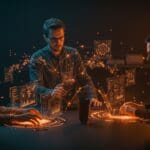 Equipo colaborando con interfaces holográficas de IA mostrando IA colaborativa y automatización para startups tech.