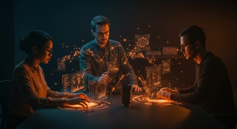 Equipo colaborando con interfaces holográficas de IA mostrando IA colaborativa y automatización para startups tech.