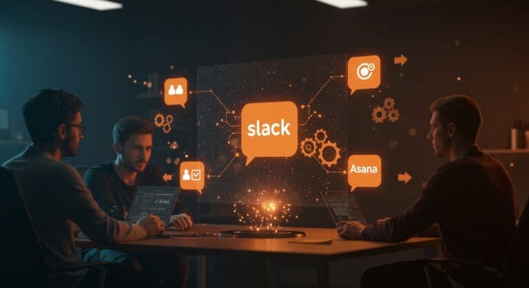 Integración de IA en startups con automatización y colaboración en Slack, Figma y Asana, destacando herramientas colaborativas y workflows inteligentes.