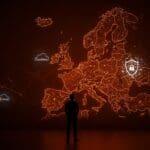 Founder tecnológico frente a un mapa digital de Europa resaltando la soberanía tecnológica y los desafíos regulatorios de Cloudflare en Italia.