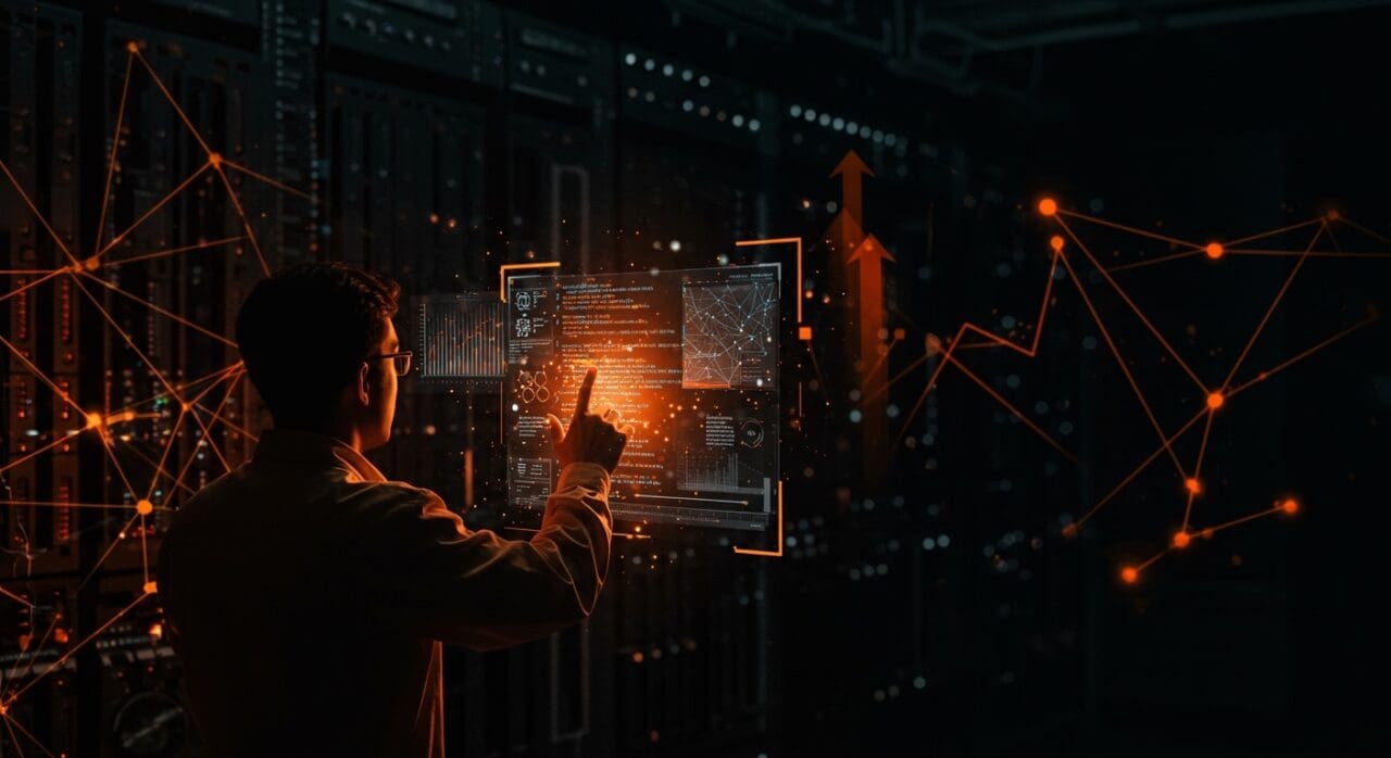 Desarrollador COBOL interactuando con IA e infraestructuras mainframe, reflejando el impacto y oportunidades tecnológicas en el mercado startup.