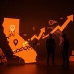 Siluetas de fundadores de Google simbolizando la fuga de talento y activos fuera de California por impuestos, impactando el ecosistema startup LATAM.