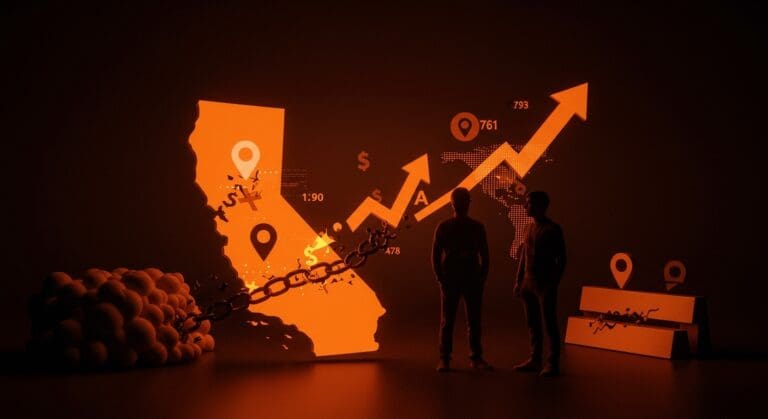 Siluetas de fundadores de Google simbolizando la fuga de talento y activos fuera de California por impuestos, impactando el ecosistema startup LATAM.