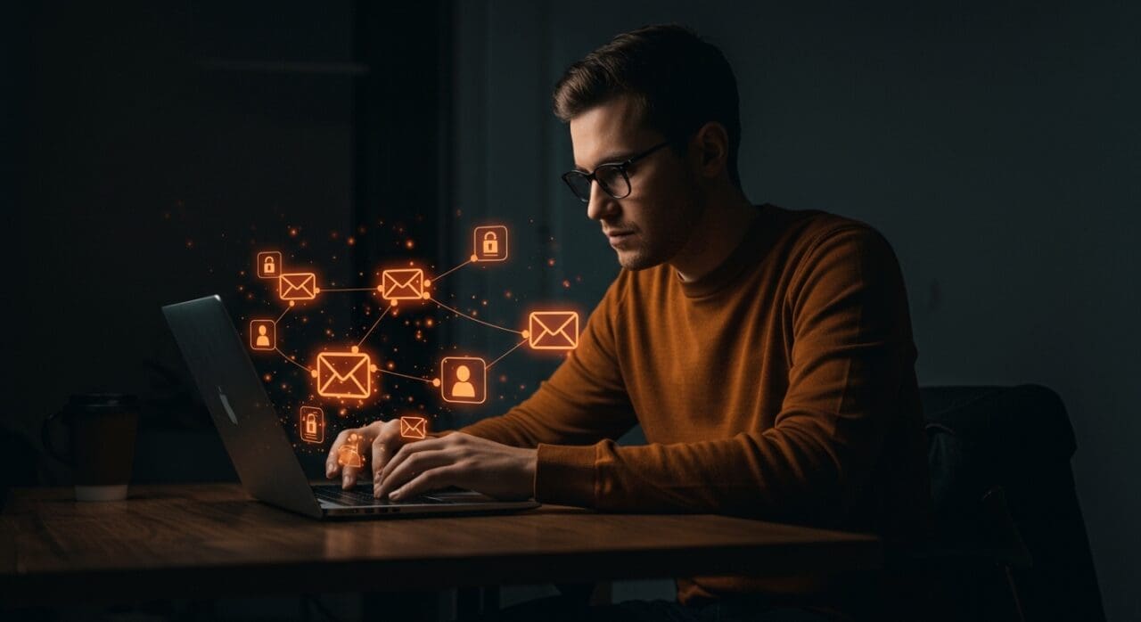 Founder utilizando inteligencia artificial para encontrar emails y perfiles de LinkedIn rápidamente, optimizando la prospección B2B automatizada.