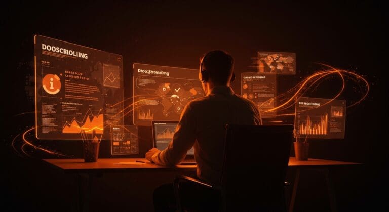 Profesional usando auriculares consumiendo noticias de tecnología de forma controlada para evitar el doomscrolling y mejorar la productividad y el bienestar.