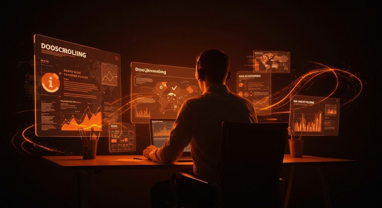 Profesional usando auriculares consumiendo noticias de tecnología de forma controlada para evitar el doomscrolling y mejorar la productividad y el bienestar.