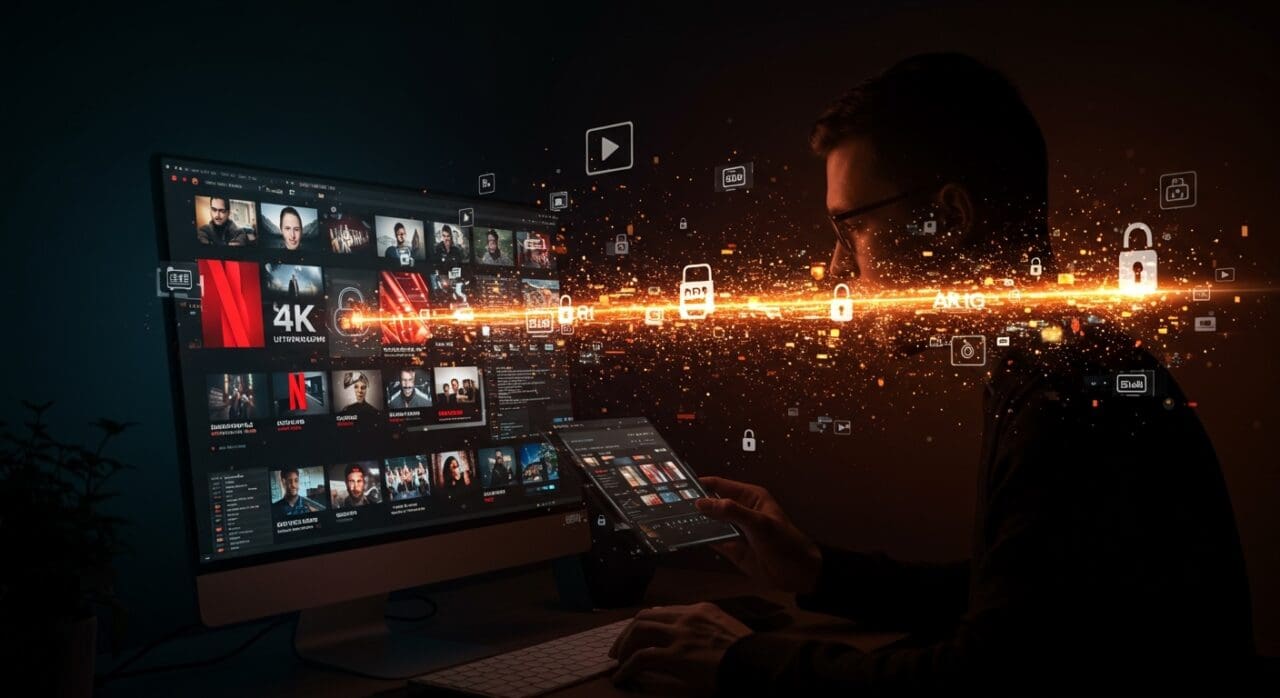 Interfaz desbloqueada de Netflix 4K en una pantalla futurista, representando la extensión Netflix Force 4K y su impacto en tecnología SaaS.